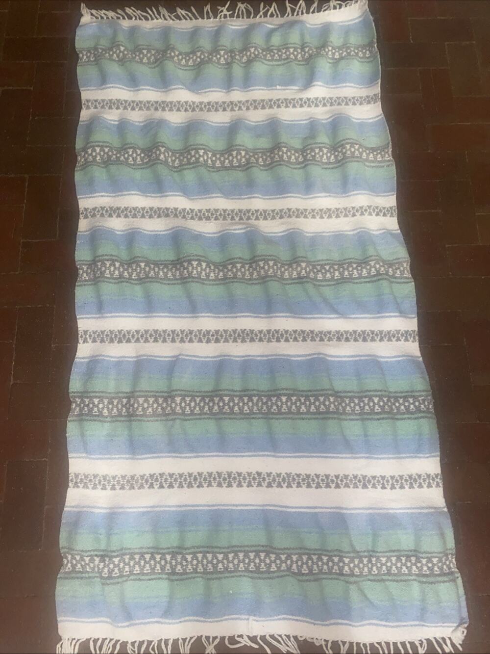 VTG 60s Mexican Falsa Blanket Throw Handwoven Cotton Green Blue Gray 36”x 68”